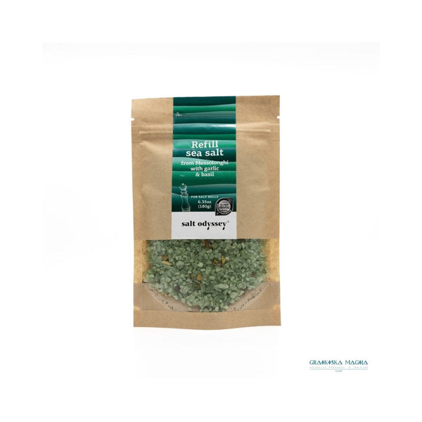 Salt Odyssey Refill Bag Of Sea Salt With Garlic and Basil – 180g.